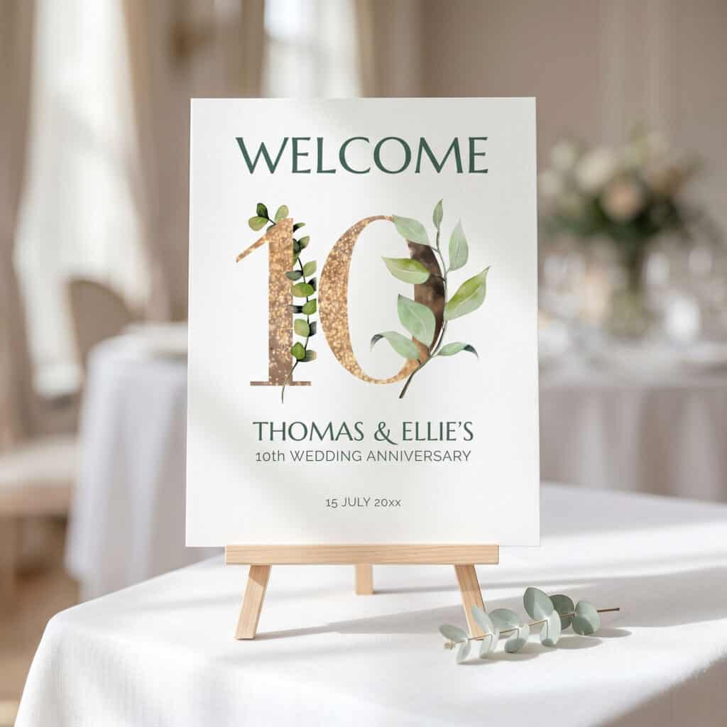 anniversary party welcome sign with euclayptus
