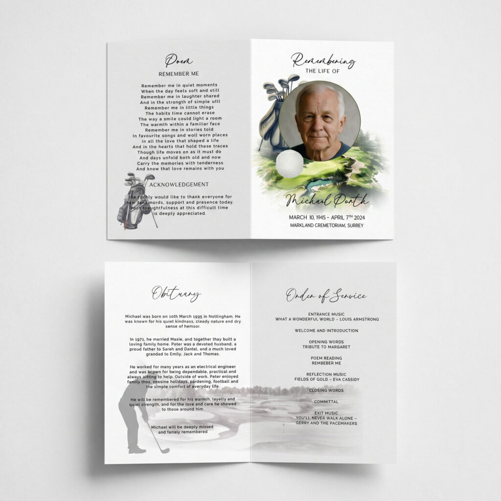 an open funeral order of service for someone who loved golf. a 4 page memorial keepsake