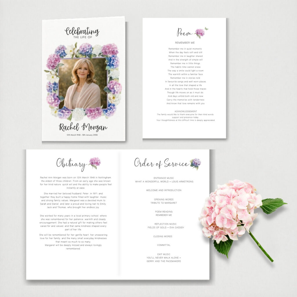 a funeral order of service for a woman with beautiful hydrangea flowers