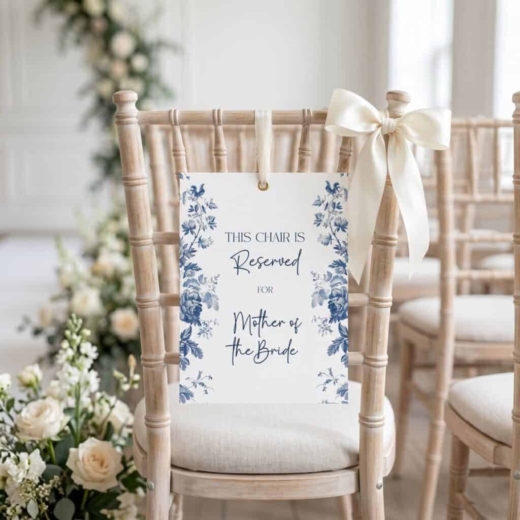 a reserved chair sign for a wedding in a blue toile design