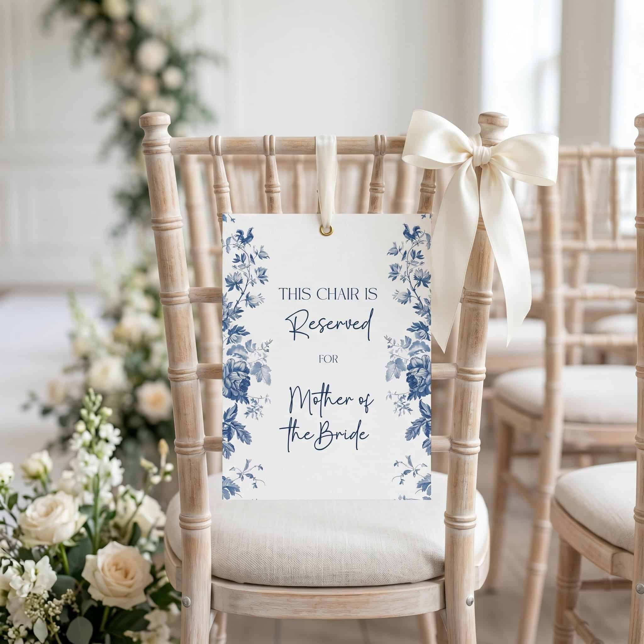 a reserved chair sign for a wedding in a blue toile design