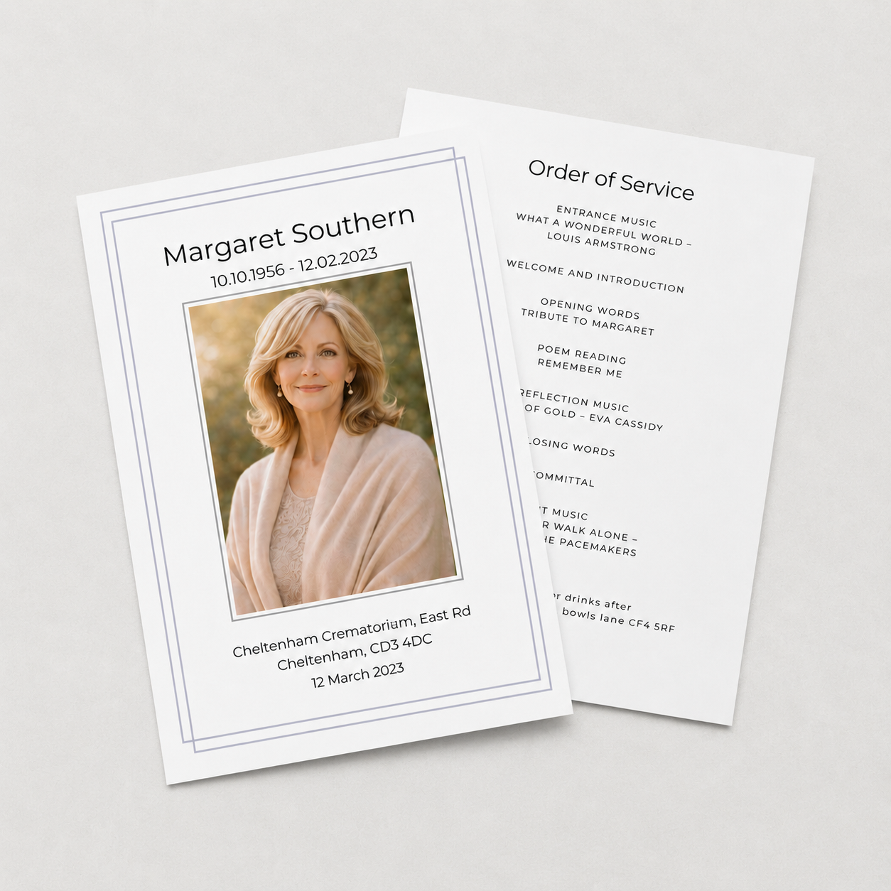 a simple order of service flat A5 size. 2 pages. 