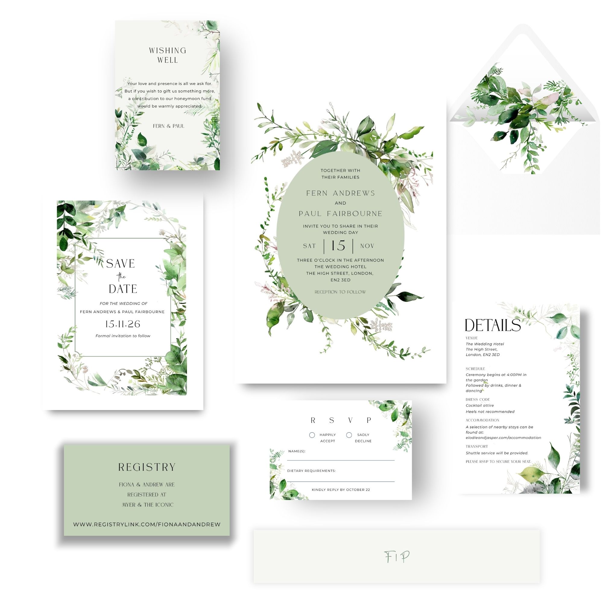 A wedding suite in white a soft green leaves. A lovely botanical design