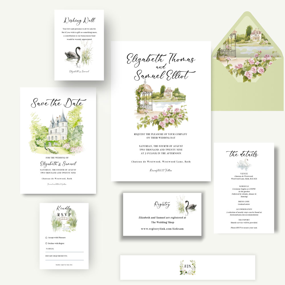 A wedding suite featuring a watercolour country garden scene