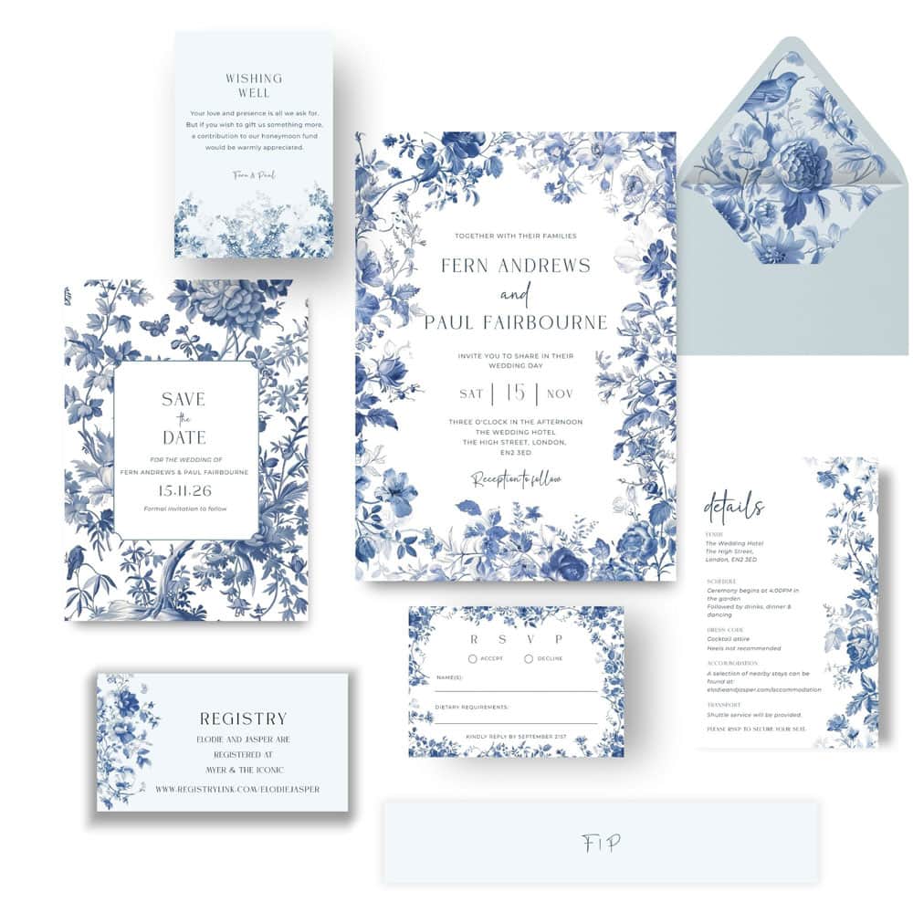 A blue toile de jouy wedding suite