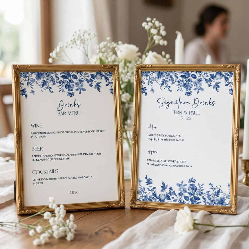 a wedding bar sign and a signature drinks sign for a blue toile themed wedding