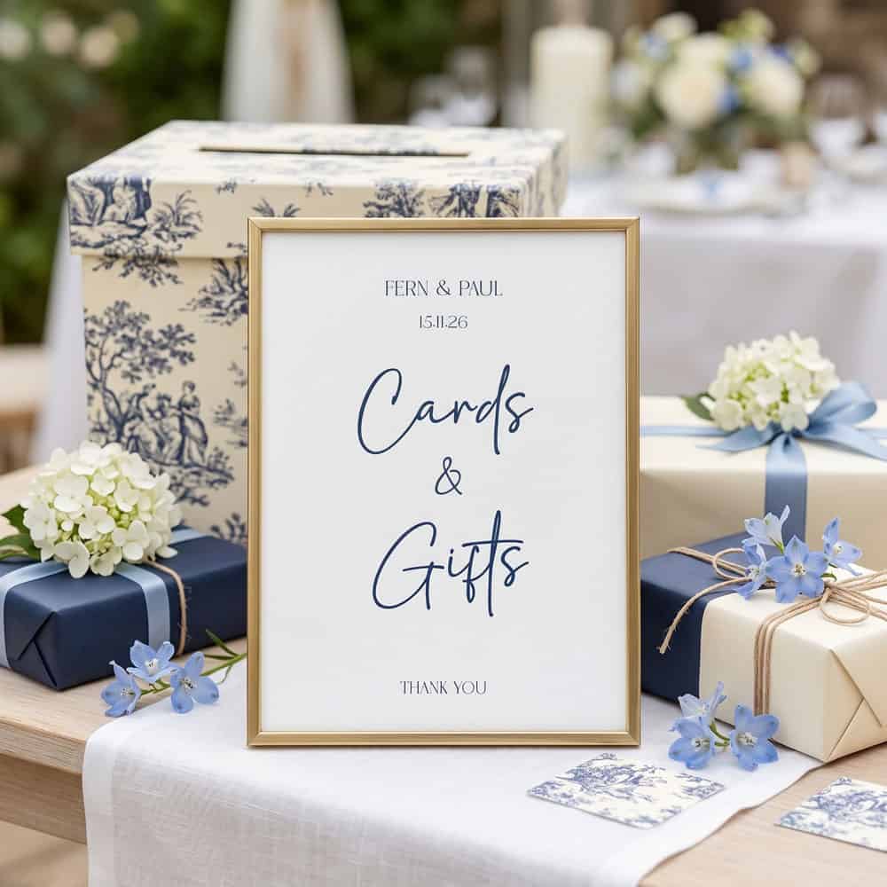 a blue toile themed wedding cards and gifts sign