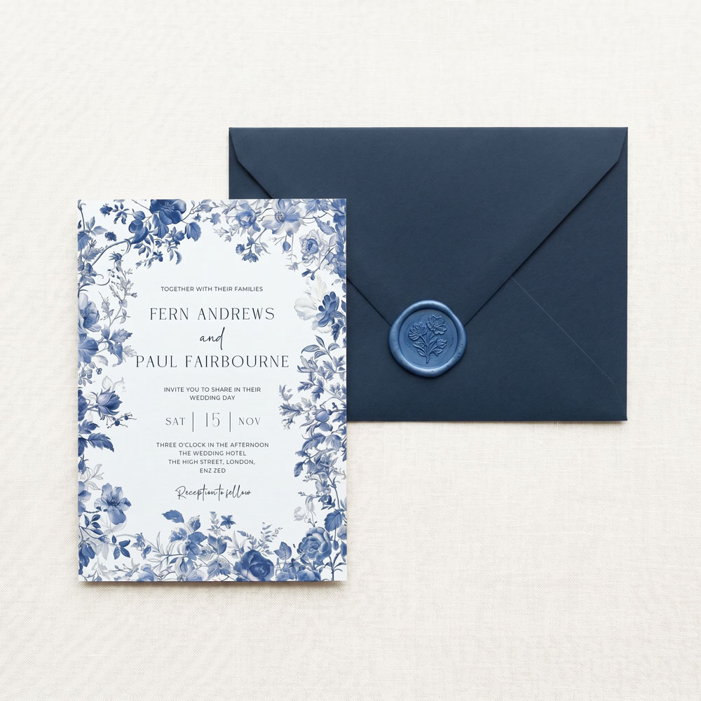 blue toile invite with blue envelope and blue wax seal