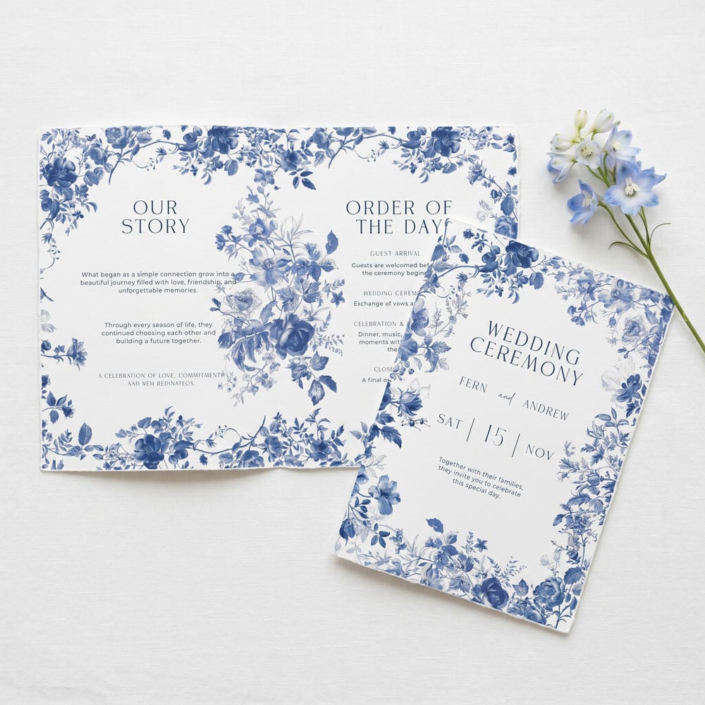 A blue toile de jouy wedding order of service