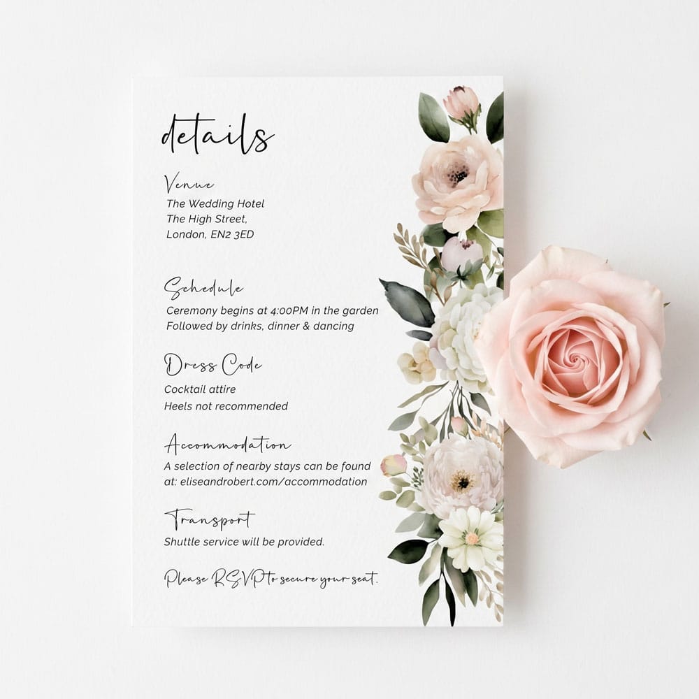 a details card for a wedding with a pretty blush pink rose design
