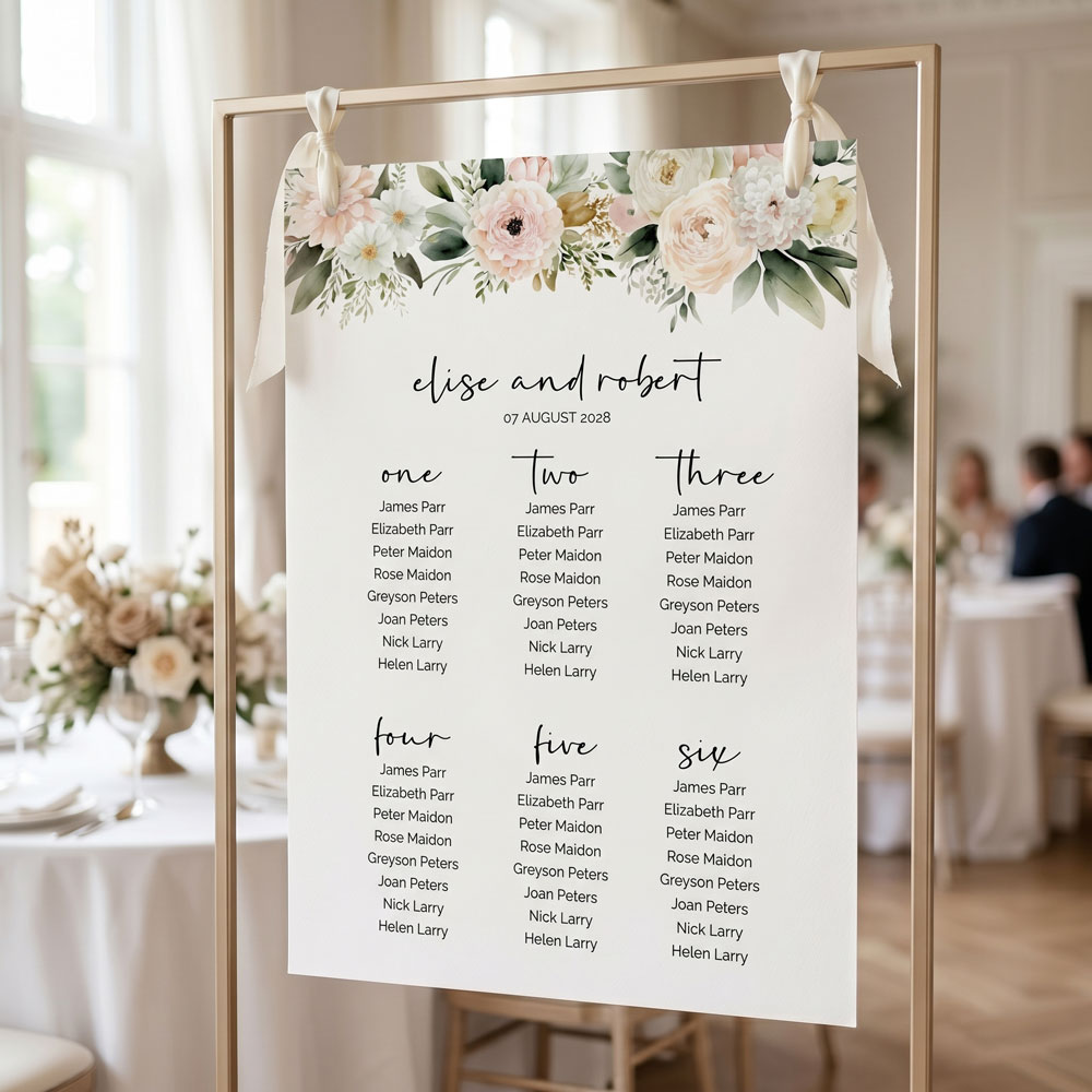 a large wedding seating chart with a pretty pink roses design