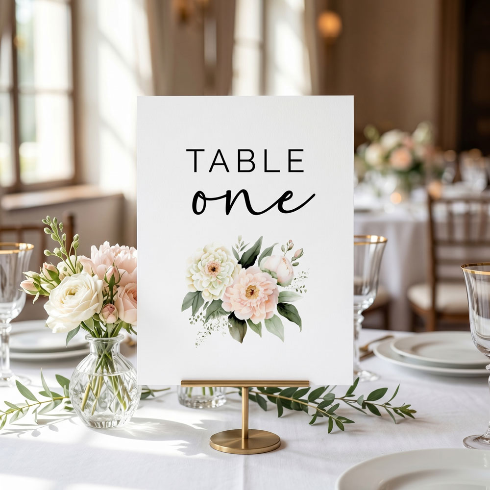 a blush pink wedding table sign on a set table