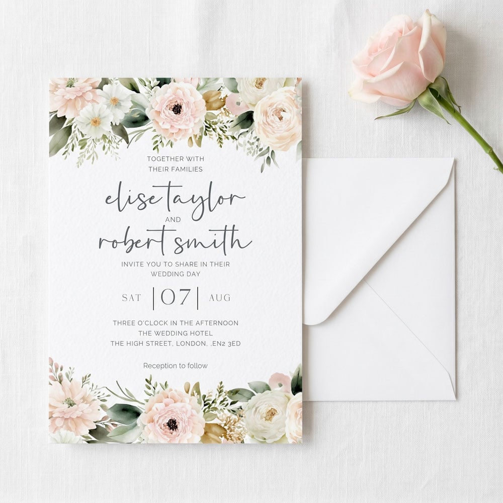 a blush rose themed wedding invitation