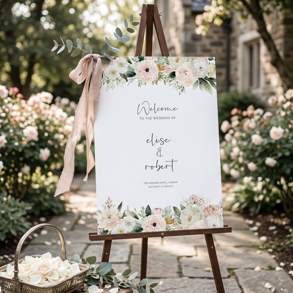 a wedding welcome sign with a pretty blush pink rose design