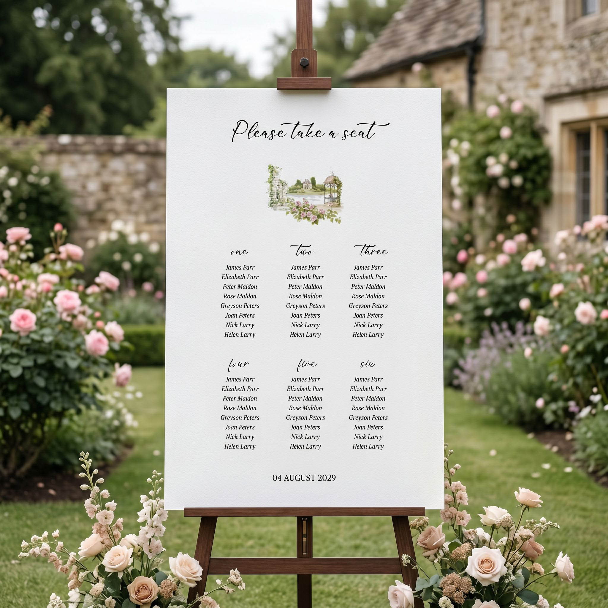 a seating sign in the grounds of a country hotel for a wedding