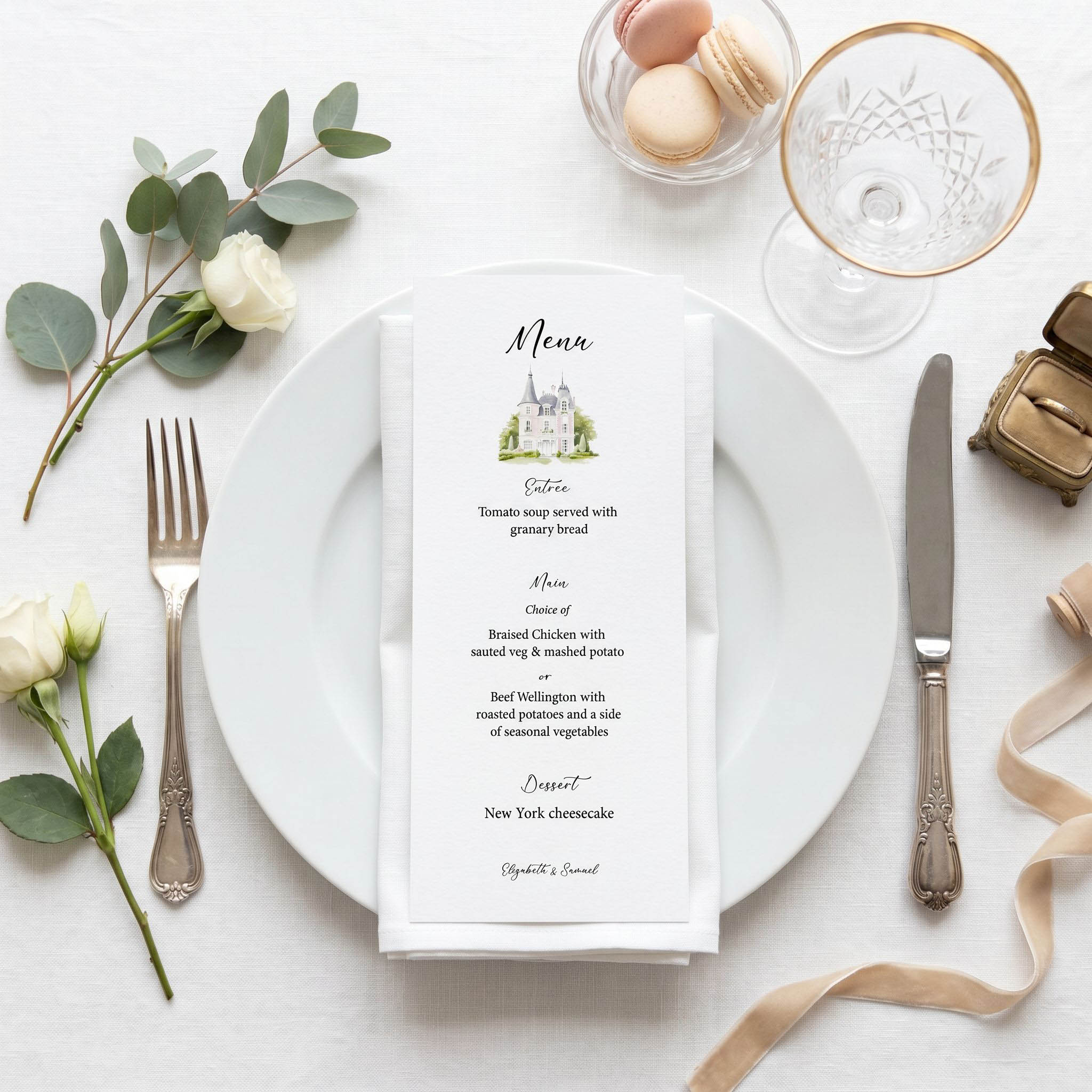 a wedding menu in DL size featuring a beautiful watercolour French inspired garden scene