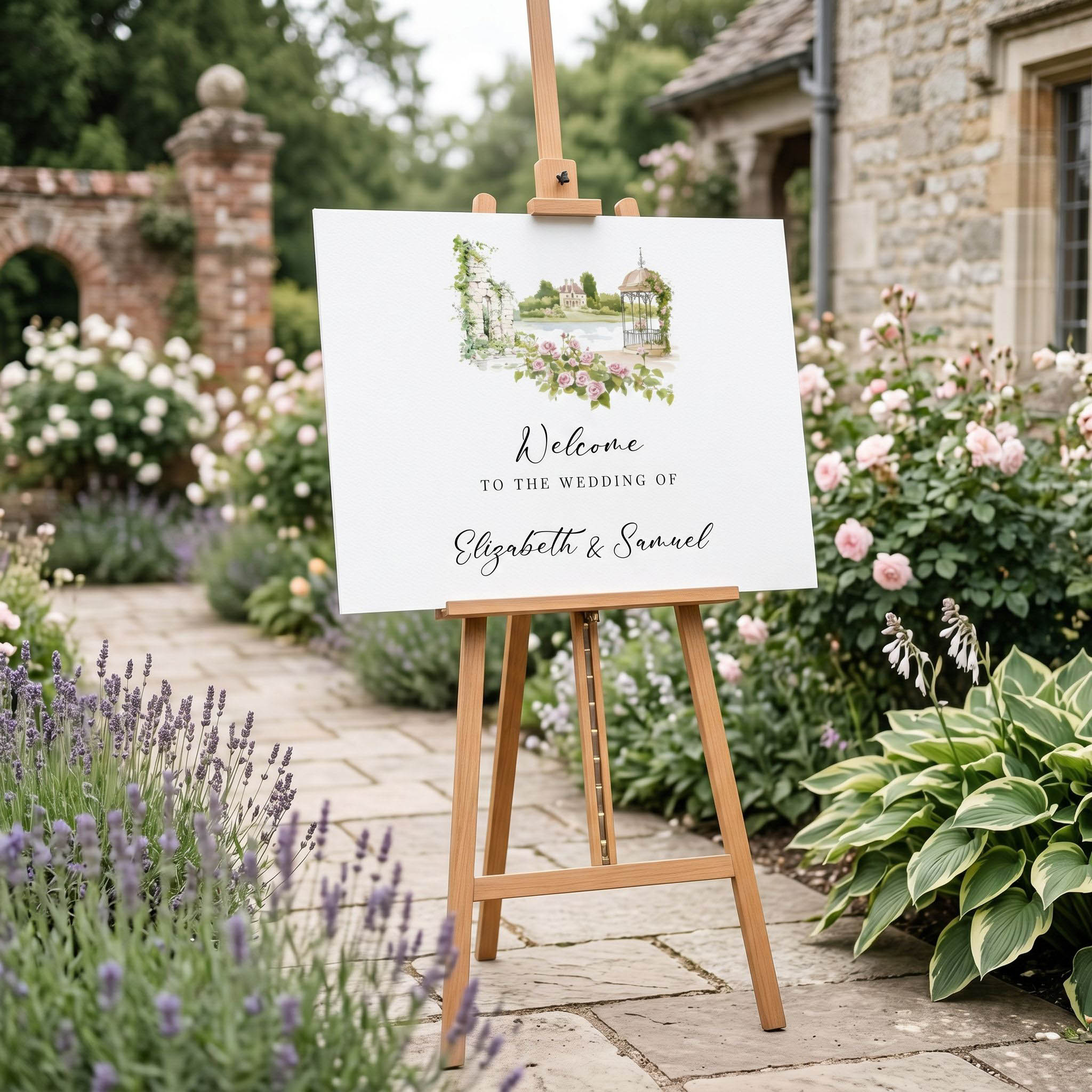 a country garden wedding welcome sign set in the grounds of a beautiful hotel 