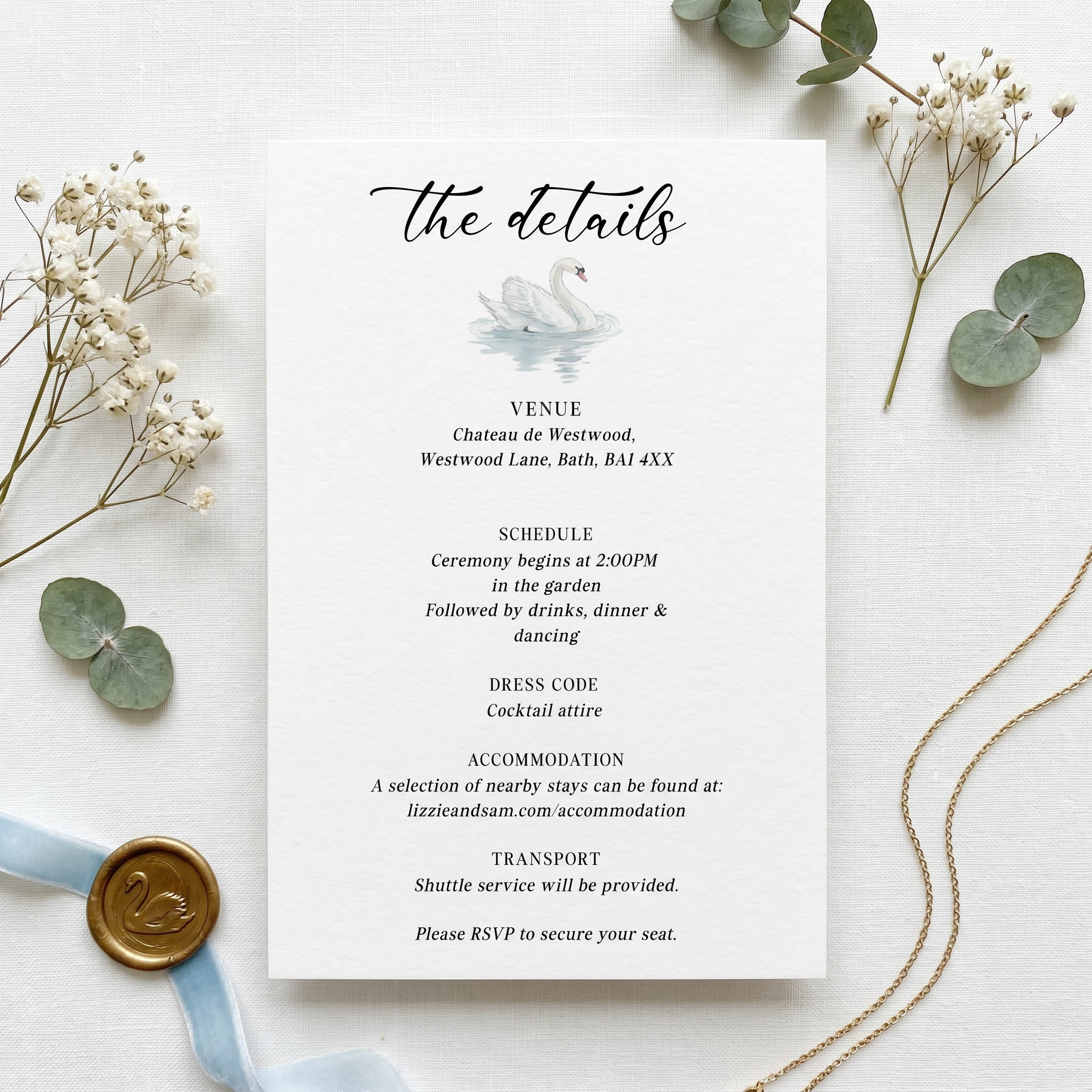 a wedding details card with a watercolour swan to match our country garden collection