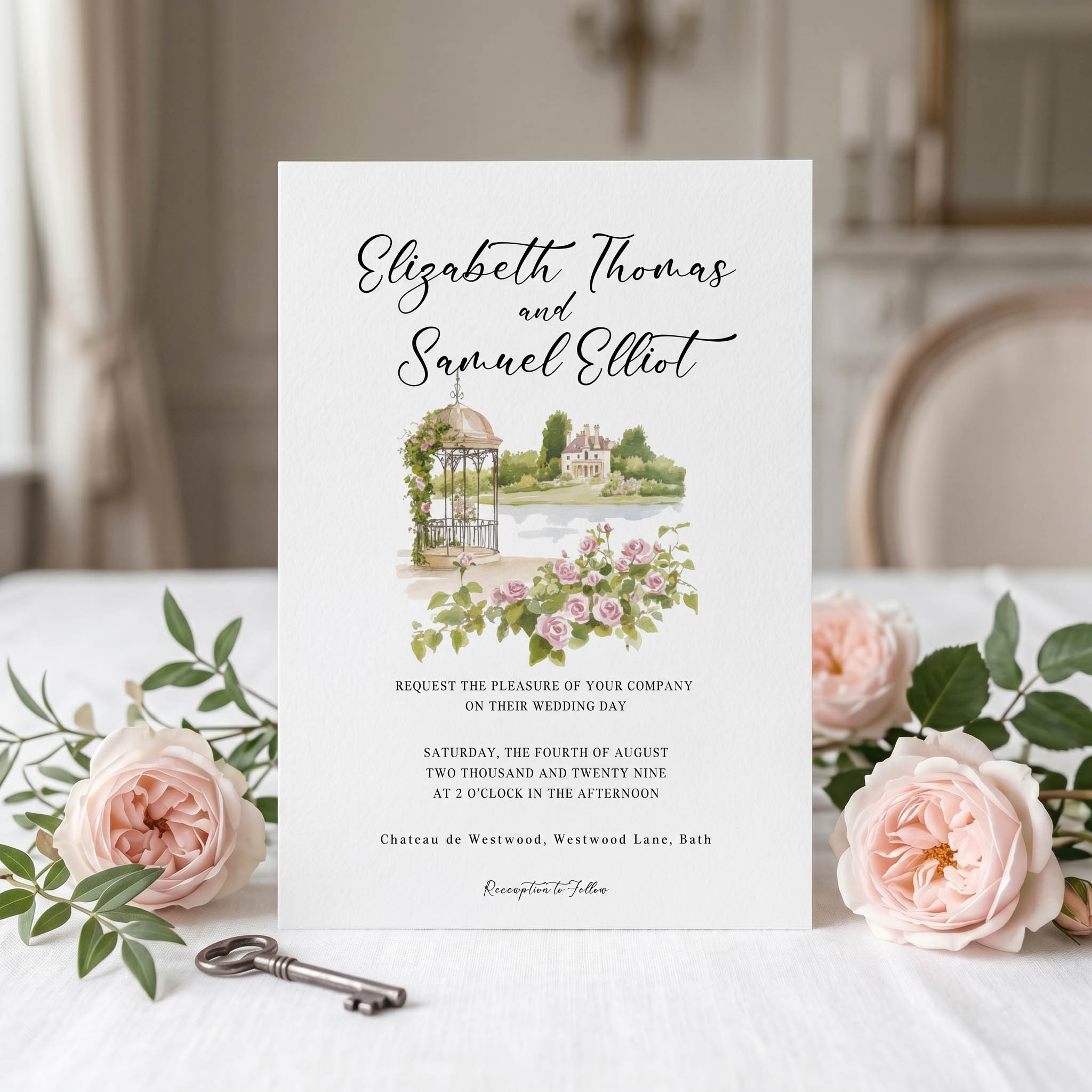 a watercolour wedding invitation with an country garden design