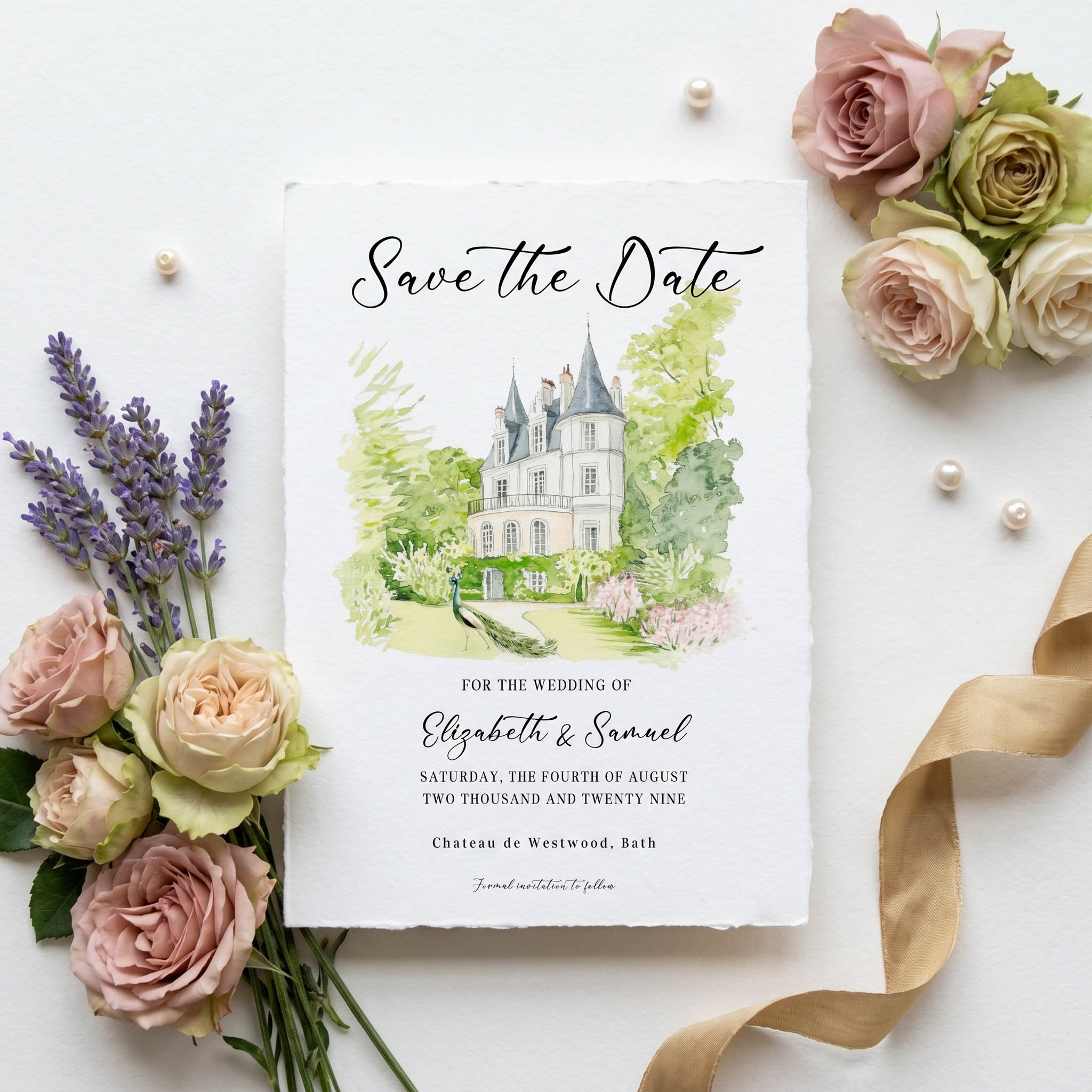 a save the date wedding card with a country chateau watercolour image