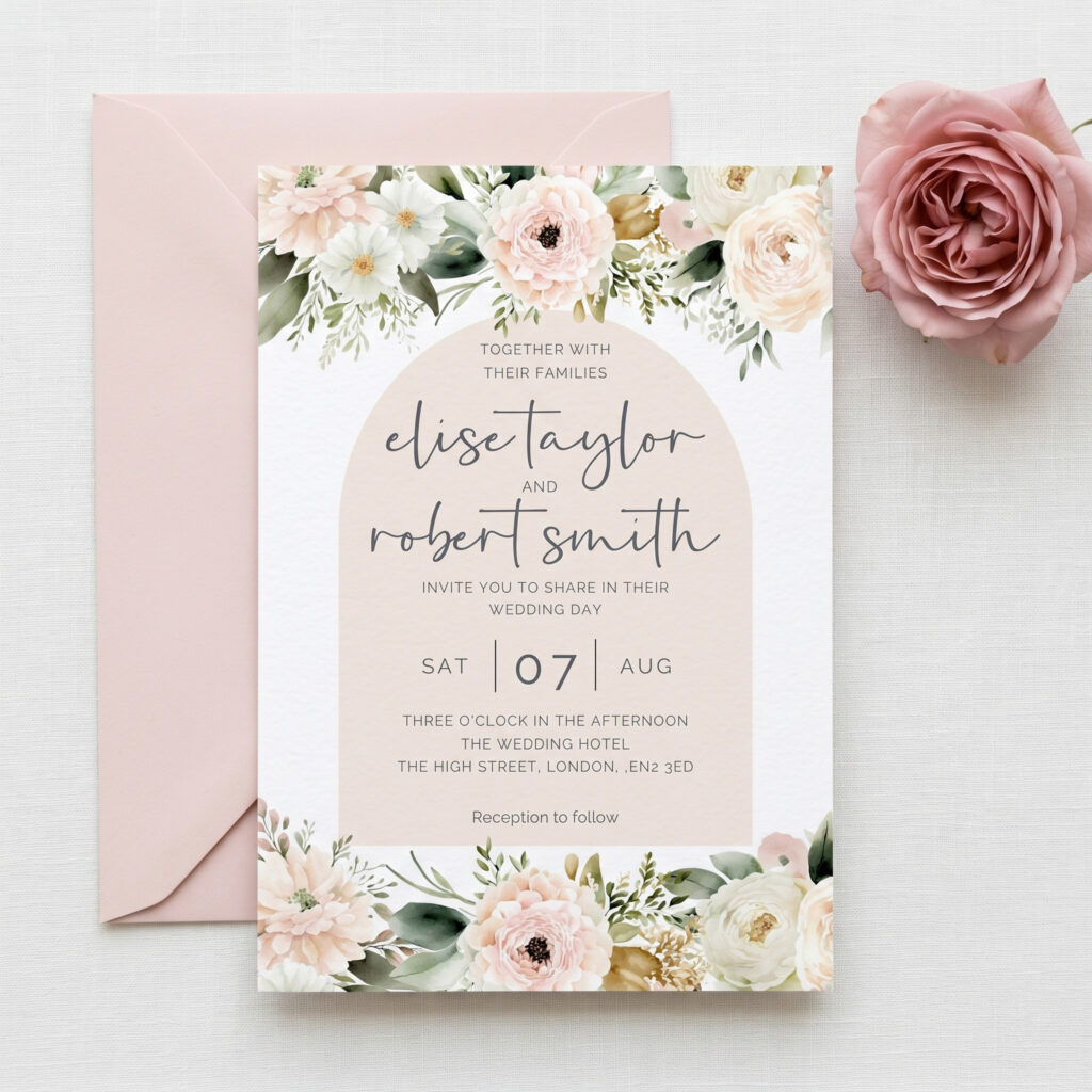 a soft pink wedding invitation with an arch detail