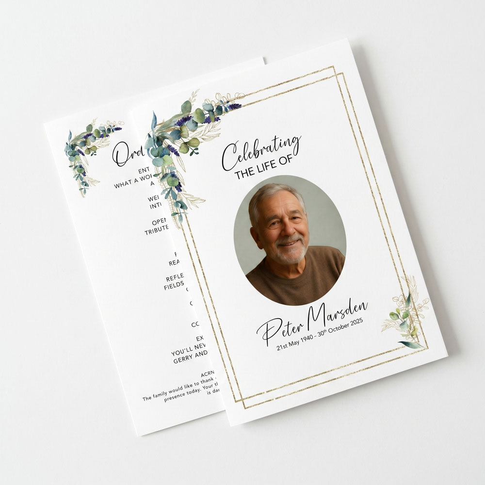a 2 sided order of service with an evergreen clipart design
