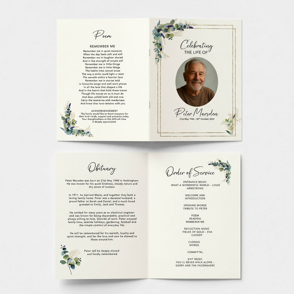 a 4 page order of service for a funeral featuring greenery artwork. Placed open on a white background