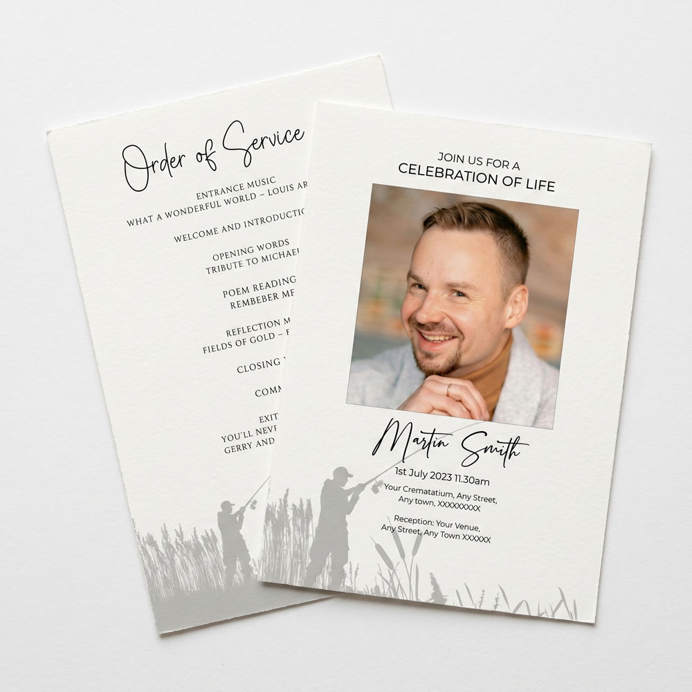 a 2 page order of service for a fisherman shown front and back, featuring a silhouette of a fisherman in a river