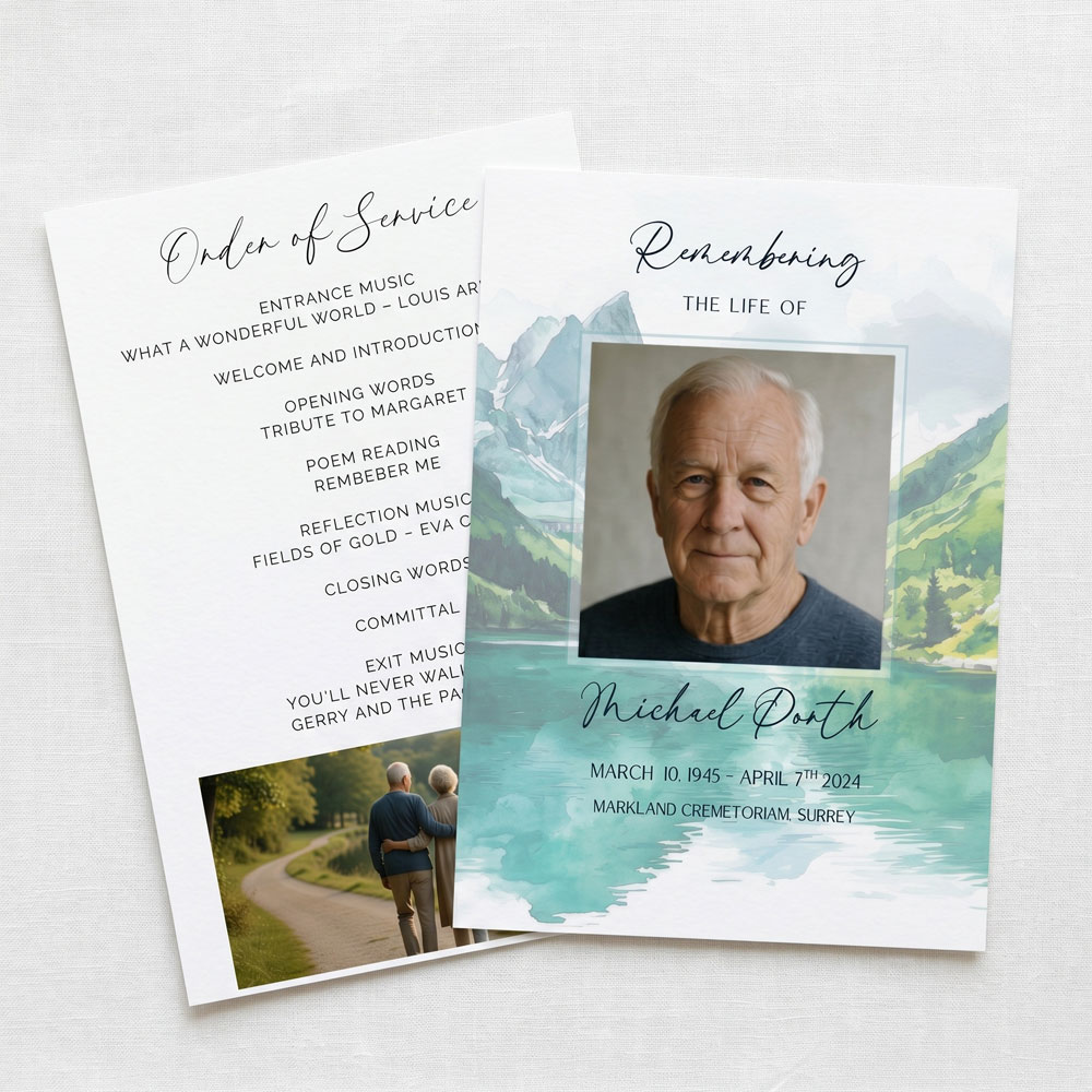 a 2 page order of service featuring a beautiful watercolour lake scene in greens and blues.