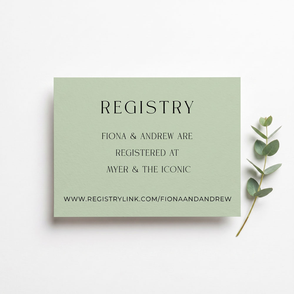 a soft green registry card for a wedding