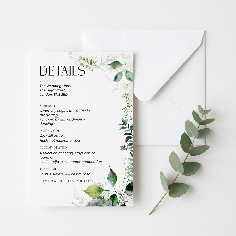 a green themed botanical print details card for a wedding