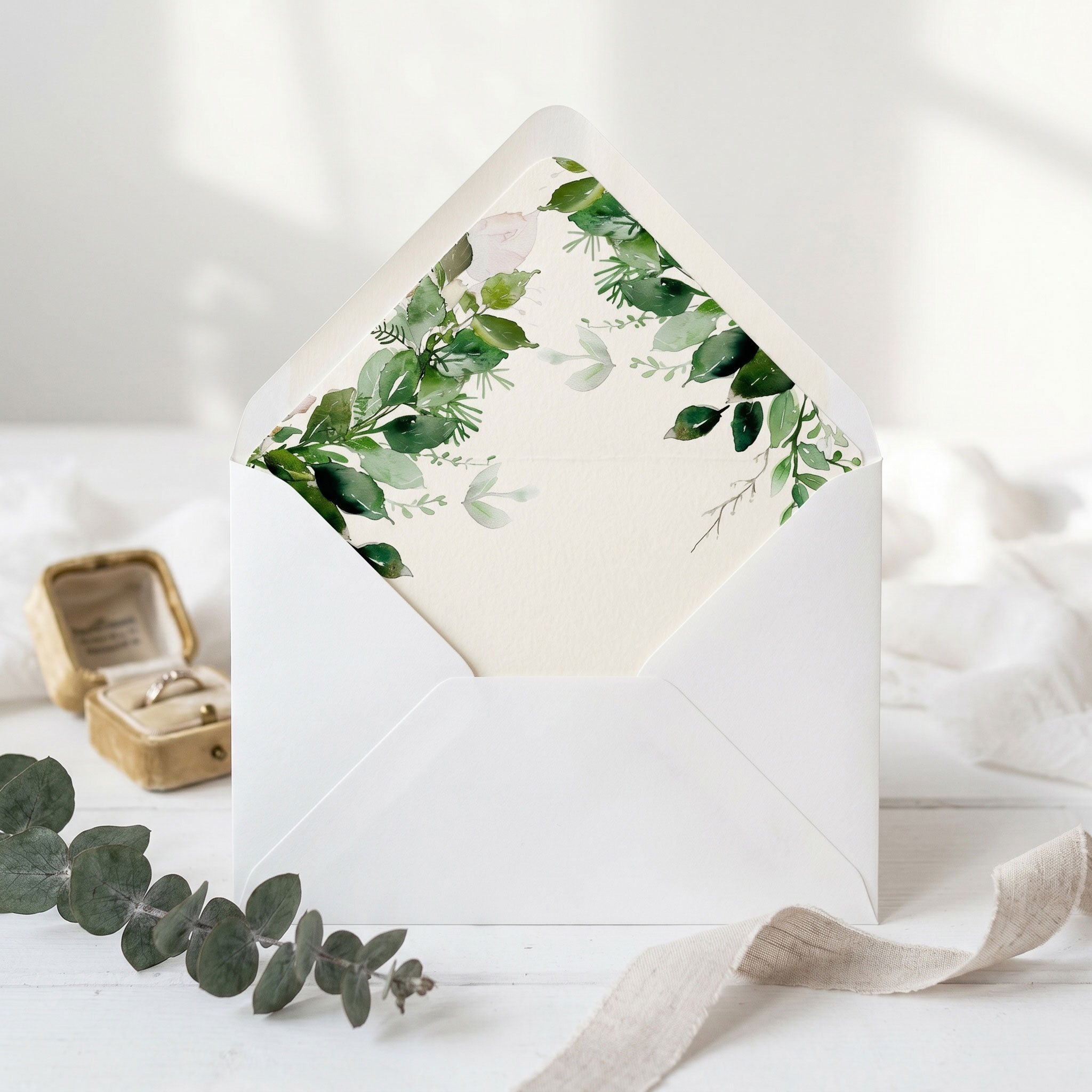 a white envelope with a greenery envelope liner