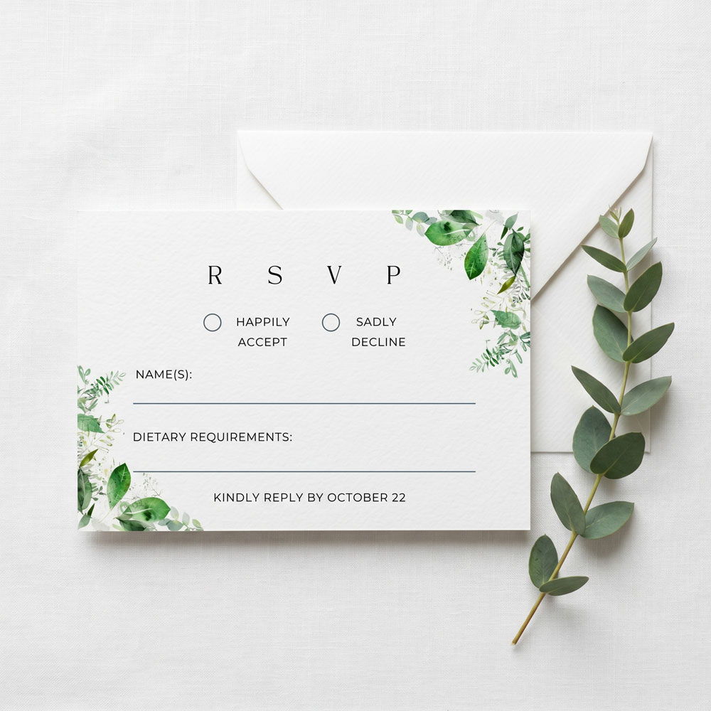 A wedding RSVP card with a soft green leaf design