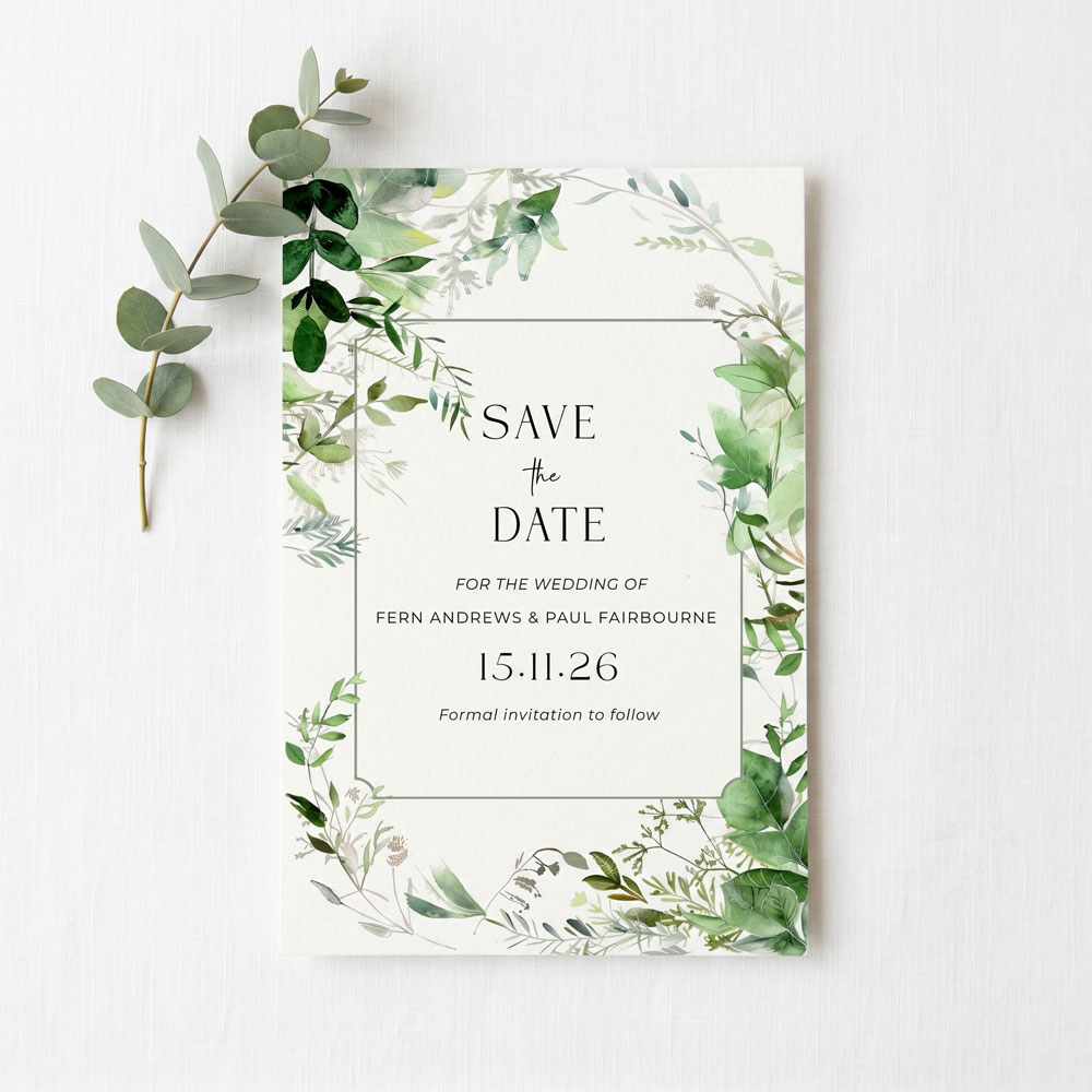 a save the date for a wedding with a greenery design