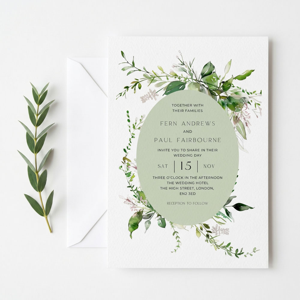 a wedding invite with a greenery design