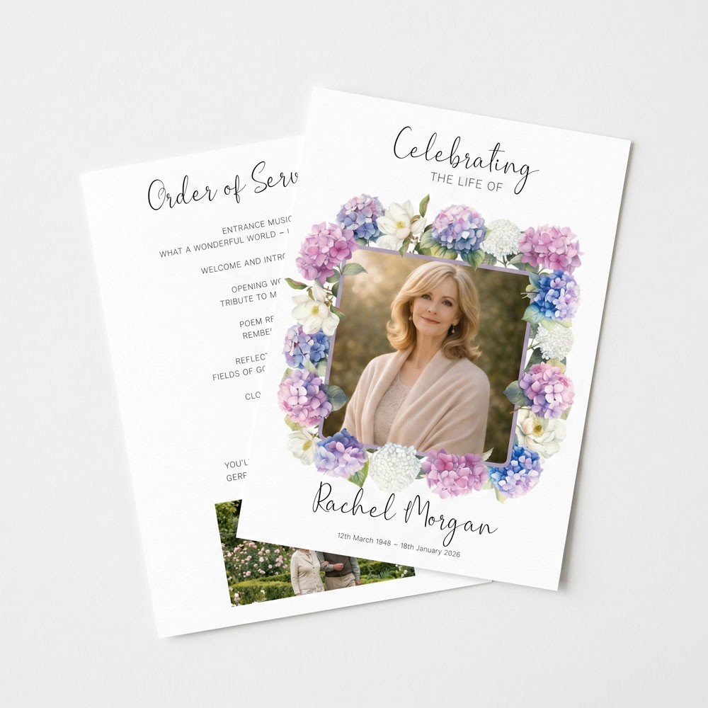 a feminine order of service with a pretty hydrangea watercolour design