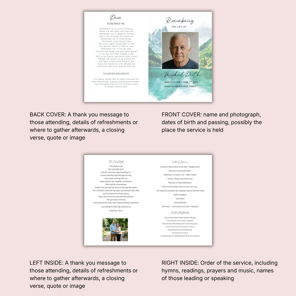 an infographic showing what can be put in a funeral order of service