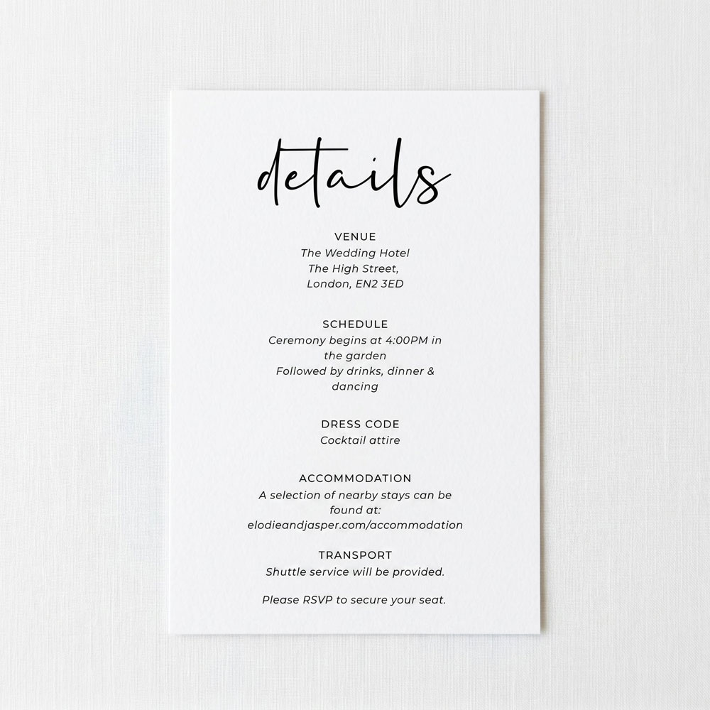 a modern style details card for a wedding