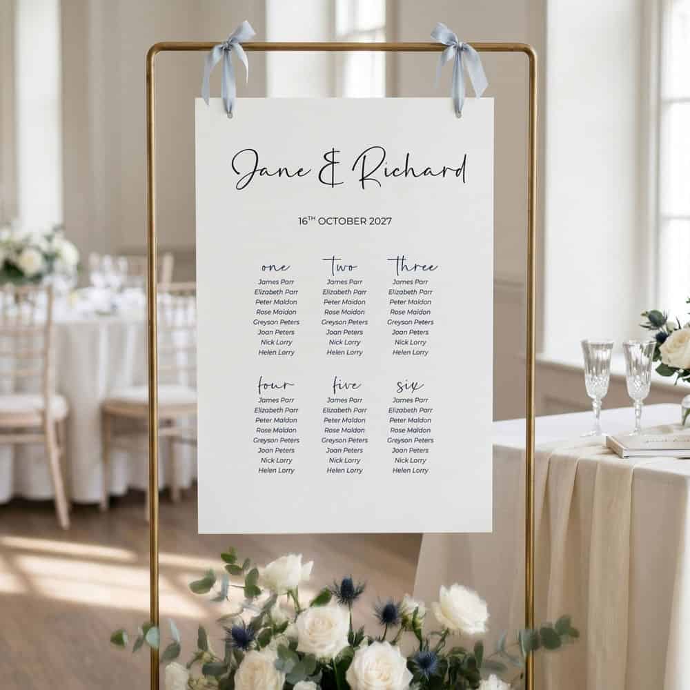 The minimal style seating chart for a wedding on a frame