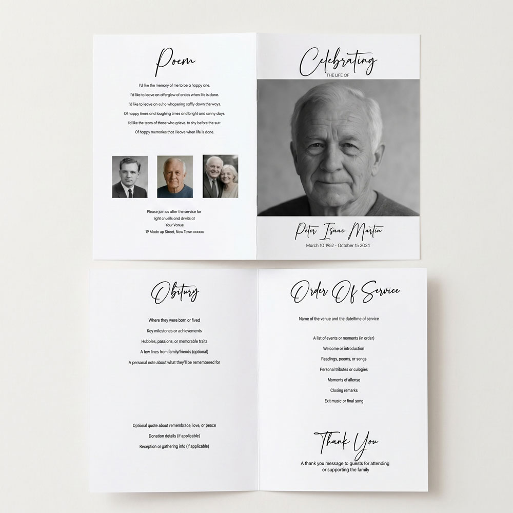 a 4 page order of service with a black and white minimalist design