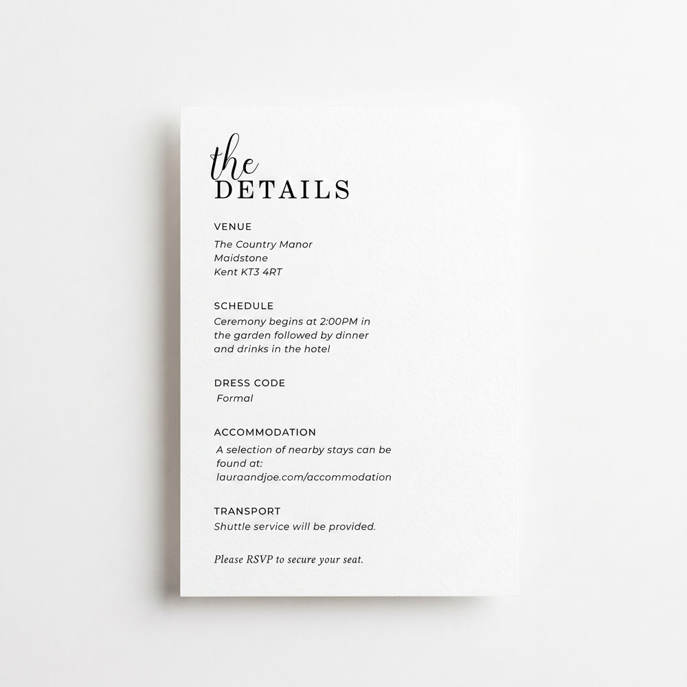 a modern typography wedding details card