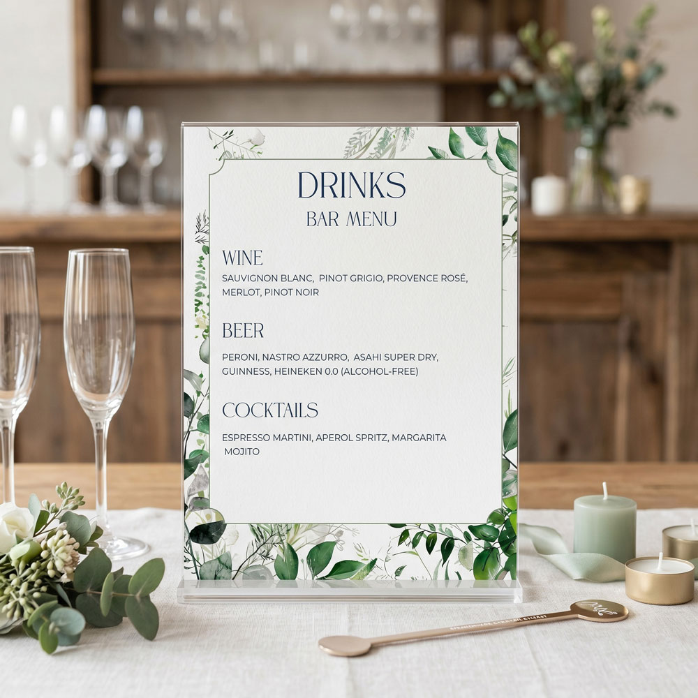 a wedding bar sign with a sage green leaves design