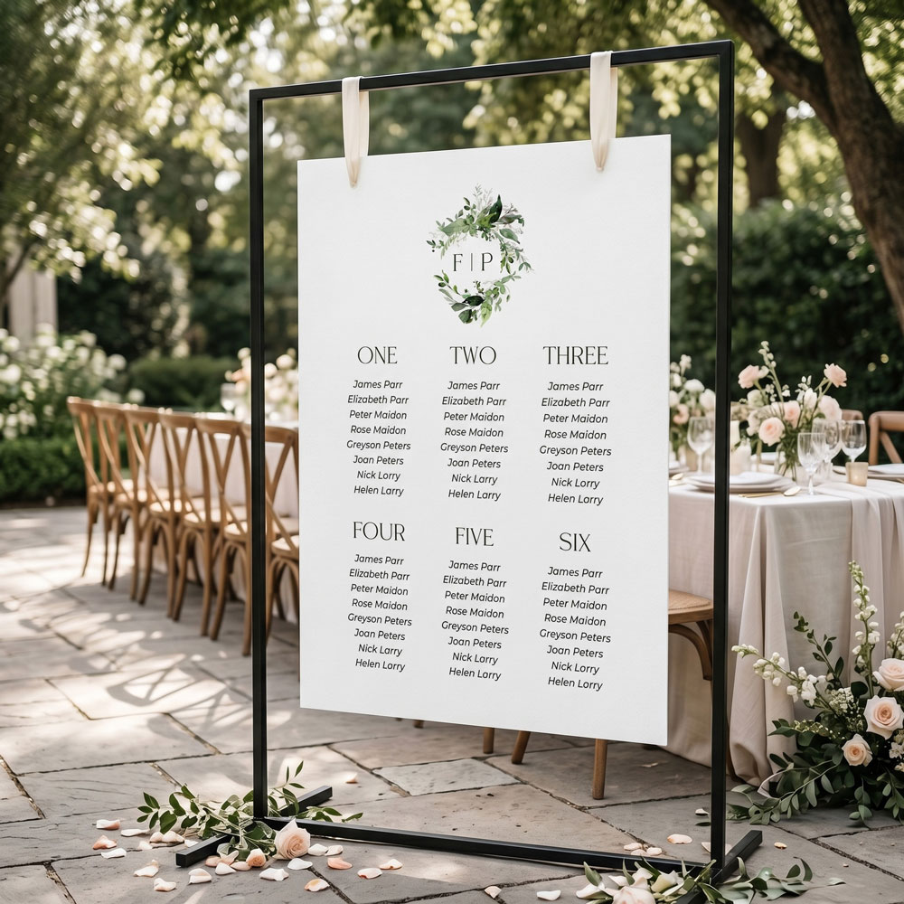 a wedding seating chart with a green botanical emblem