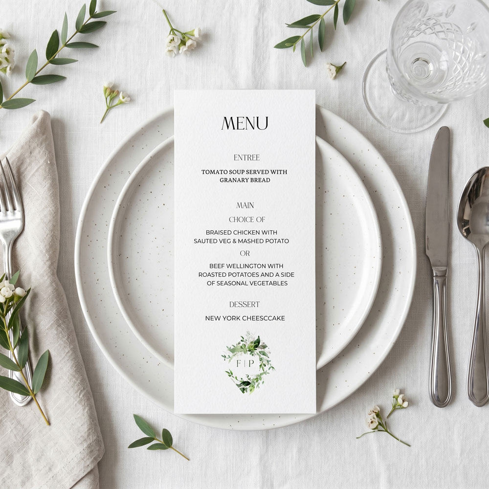 a wedding menu with a green leaf wreath emblem