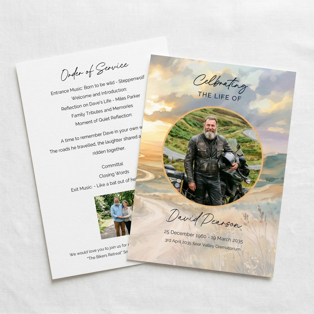 a funeral order of service with a motorbike theme. Shows a winding road background with a photo of the desceased with his bike on the front