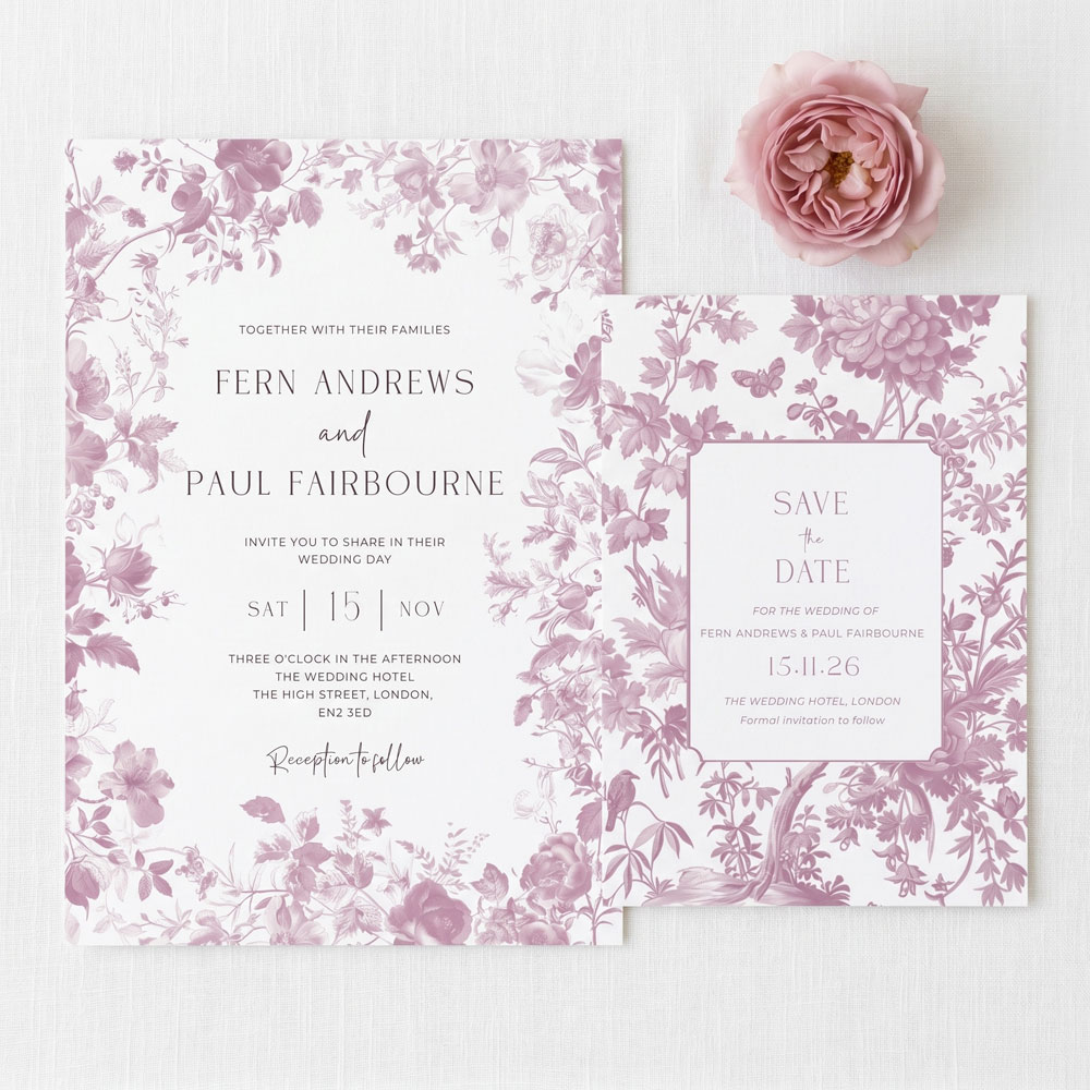 a pink toile de jouy wedding invitation and save the date