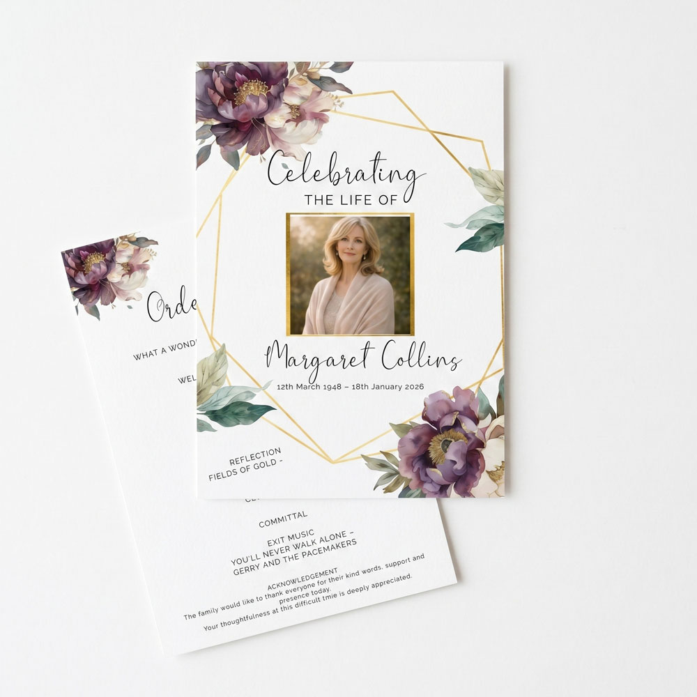 a 2 page order of service featuring a dark purple peony collection of watercolour artwork