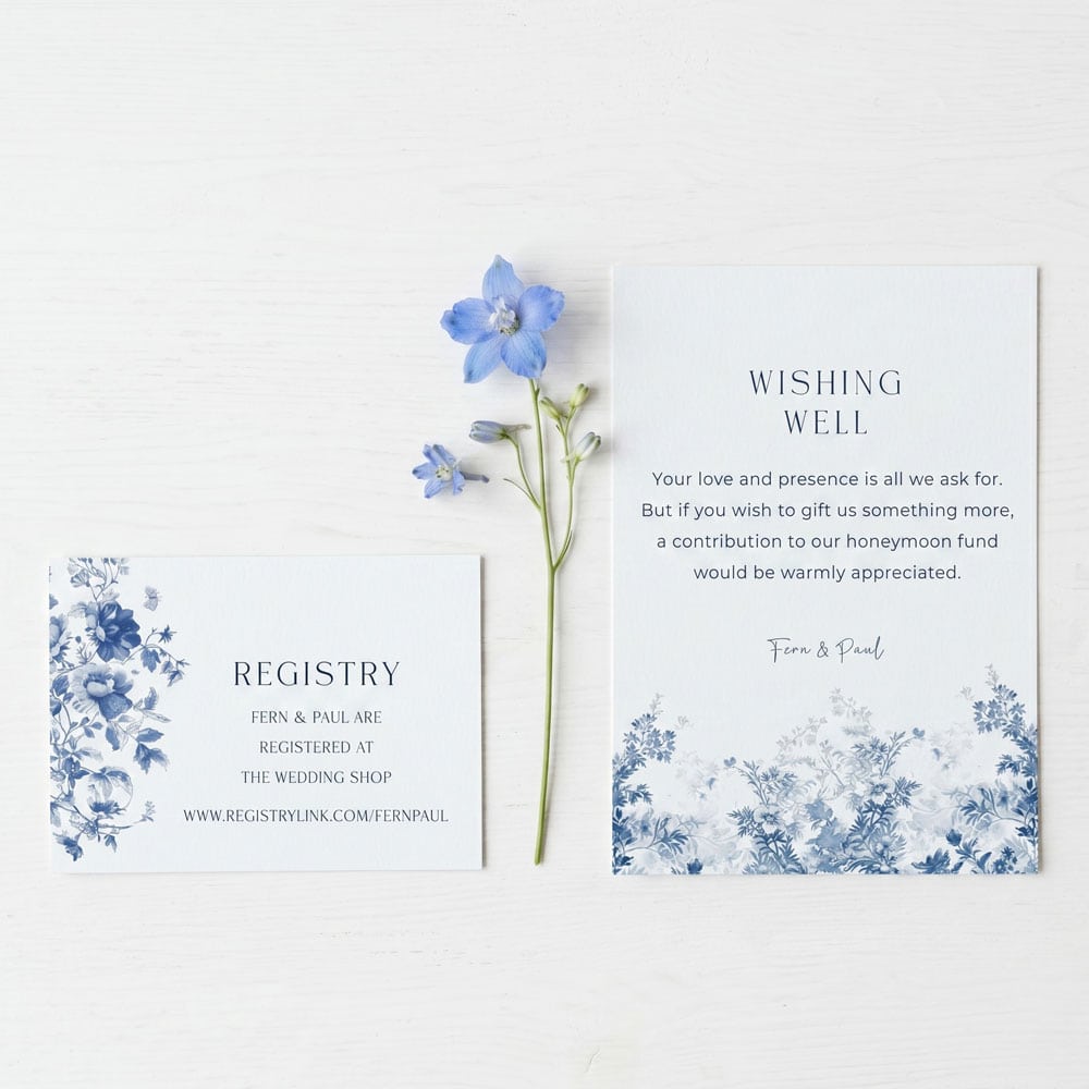A blue toile wishing well and registry card for a wedding