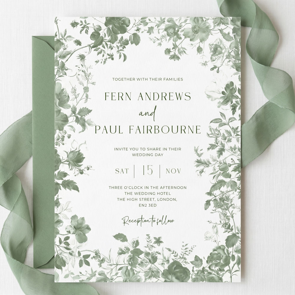 a sage green wedding invitation with a green invite and green chiffon ribbon