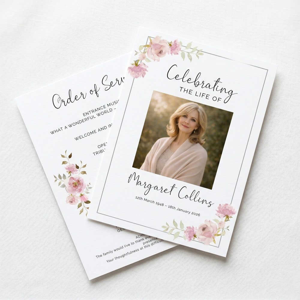 A feminine order of service for a funeral on a white background. the design features watercolour soft pink rose artwork